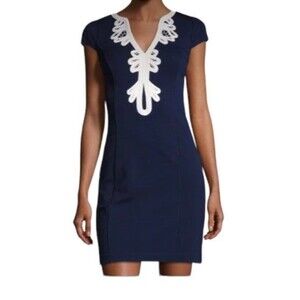 Embroidered Neck Sheath Linen Blend Navy/White Dress by Eliza J. in a size 10